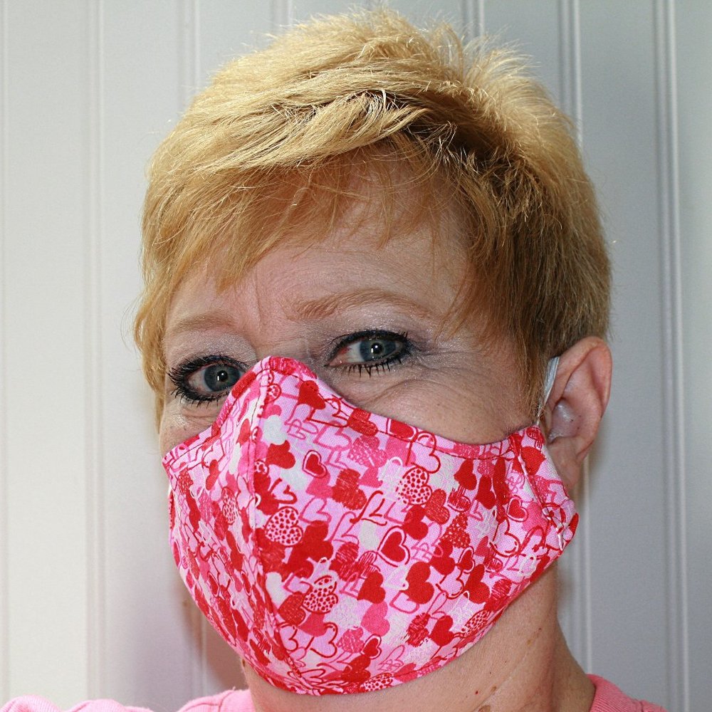 HAND CRAFTED Face Mask Hearts Pink Adult Cloth Fabric Print - Shield Style